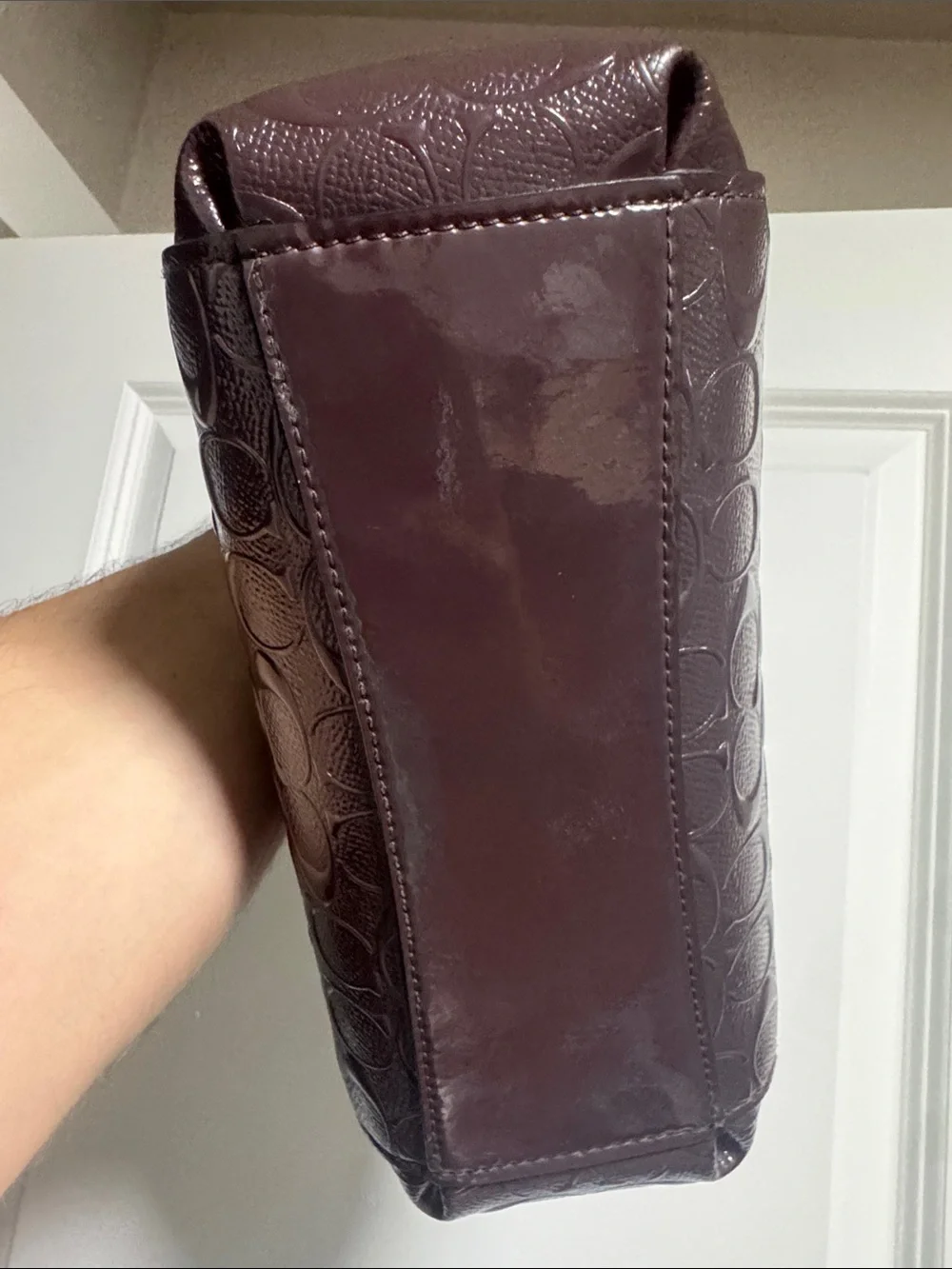 Coach Patent Leather Satchel in Deep Plum with Black Handles